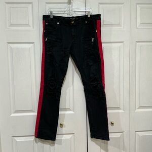 🖤 8ighth Dstrkt Black Distressed Denim Jeans with Red Stripes - 38